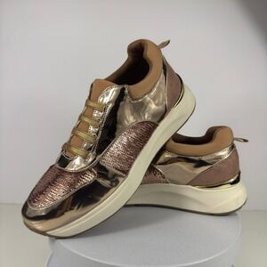 Kenneth Cole Women Sneakers Metallic Sequin Chunky Y2K Gold Brown 9